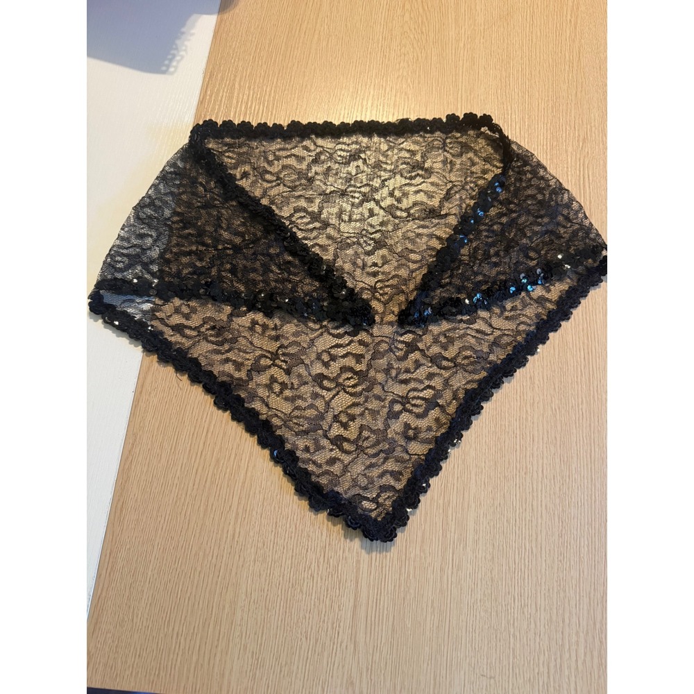 Vintage Black Floral Lace Triangle Scarf Sequin Trim Evening Wrap Headscarf